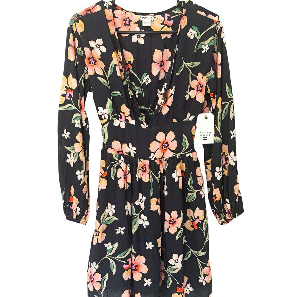 Billabong Women’s Black Floral V-Neck Long Sleeve Mini Dress XS